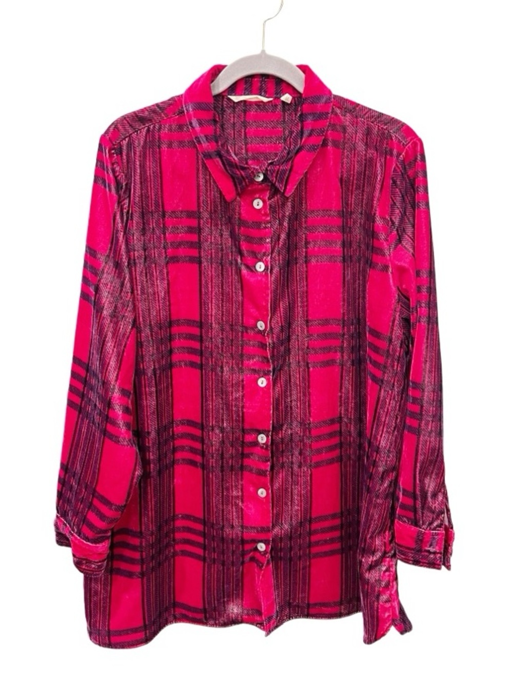 Soft Surroundings Maize Plaid Velvet Tunic Size XL Magenta Preppy Lagenlook